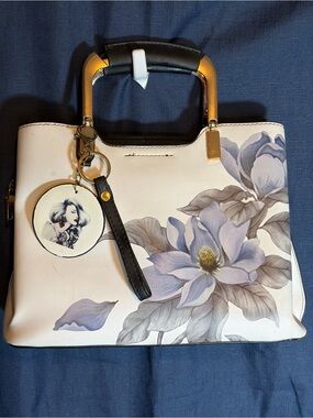 Floral Print White Tote Bag with Lavender Accent